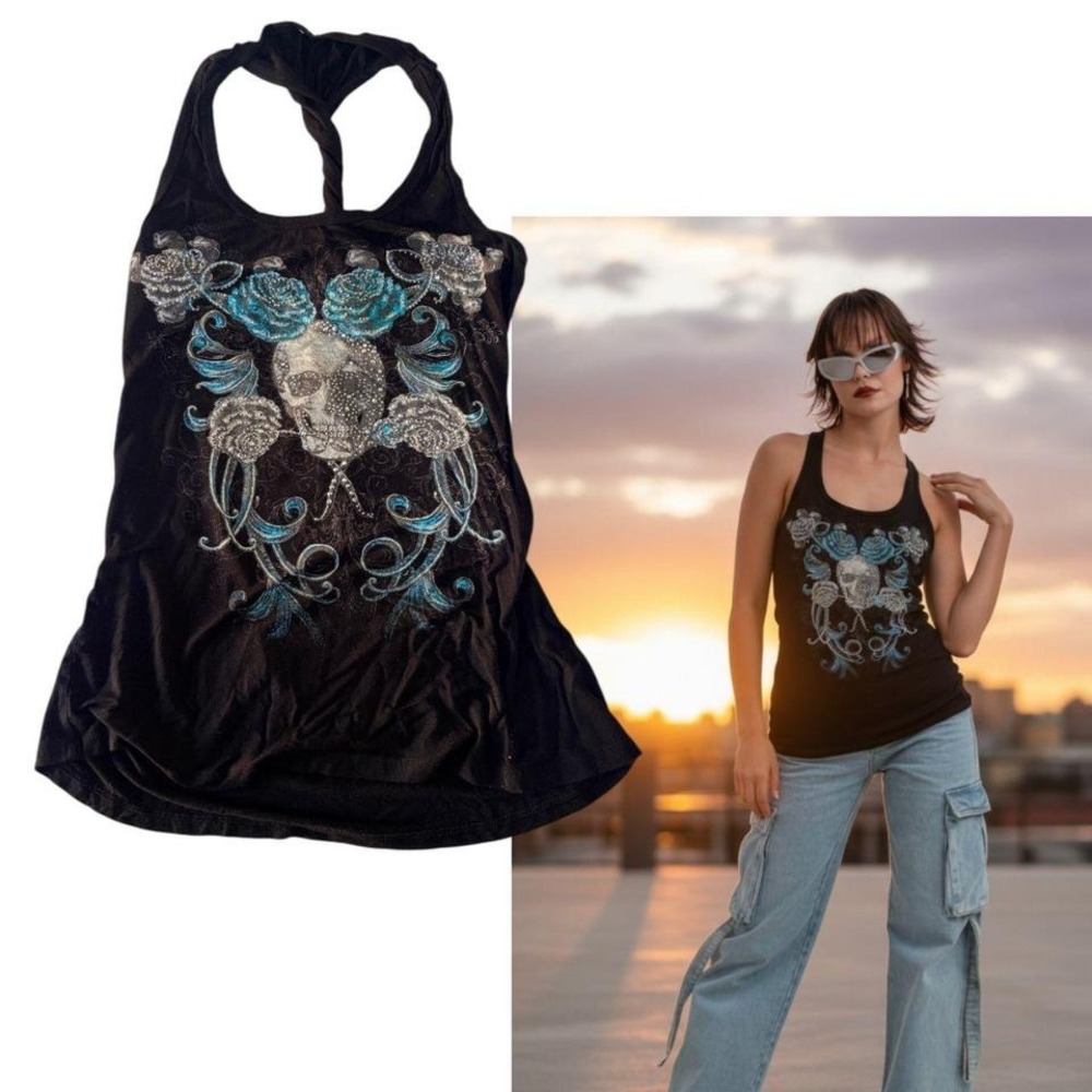Y2K grunge rocker biker babe rhinestone blue roses skull tank best fits S/M